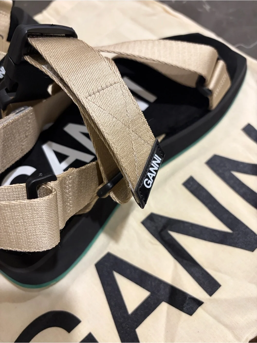 Ganni Beige Webbing Sandals with Black Footbed and Teal Sole
